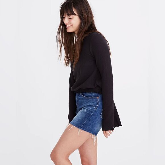 Madewell Black Textured & Thread Smocked Bell Sleeve Top Sz M - Picture 2 of 8